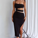 Raye Cut-Out Waist Rhinestone Midi Dress Black