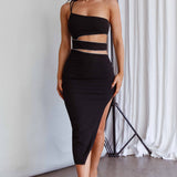 Raye Cut-Out Waist Rhinestone Midi Dress Black