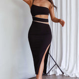 Raye Cut-Out Waist Rhinestone Midi Dress Black