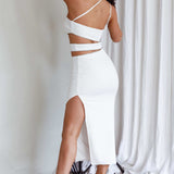 Raye Cut-Out Waist Rhinestone Midi Dress White