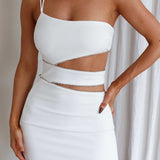 Raye Cut-Out Waist Rhinestone Midi Dress White