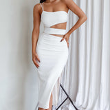 Raye Cut-Out Waist Rhinestone Midi Dress White