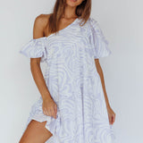 Villa Puff Sleeve One-Shoulder Dress Blue