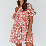 Villa Puff Sleeve One-Shoulder Dress Terracotta