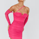 Virgo Moon Off-Shoulder Mesh Mini Dress Hot Pink