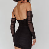 Virgo Moon Off-Shoulder Mesh Mini Dress Black