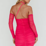 Virgo Moon Off-Shoulder Mesh Mini Dress Hot Pink