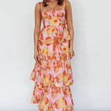 Provence Bloom Tiered Midi Dress Abstract Pink Multi
