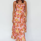 Provence Bloom Tiered Midi Dress Abstract Pink Multi