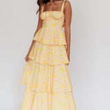 Provence Bloom Tiered Ruffle Floral Maxi Dress Yellow