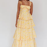 Provence Bloom Tiered Ruffle Floral Maxi Dress Yellow