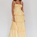 Provence Bloom Tiered Ruffle Floral Maxi Dress Yellow