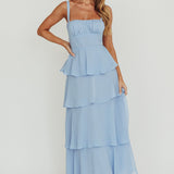 Provence Bloom Tiered Ruffle Maxi Dress Sky Blue