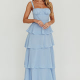 Provence Bloom Tiered Ruffle Maxi Dress Sky Blue