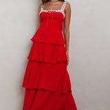 Provence Bloom Tiered Ruffle Maxi Dress Red
