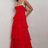 Provence Bloom Tiered Ruffle Maxi Dress Red