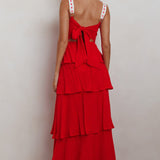 Provence Bloom Tiered Ruffle Maxi Dress Red