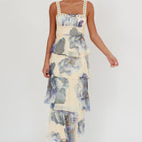 Provence Bloom Tiered Ruffle Maxi Dress Beige/Blue