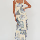 Provence Bloom Tiered Ruffle Maxi Dress Beige/Blue