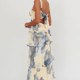 Provence Bloom Tiered Ruffle Maxi Dress Beige/Blue