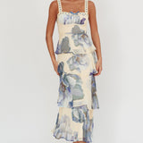 Provence Bloom Tiered Ruffle Maxi Dress Beige/Blue