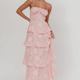 Provence Bloom Tiered Maxi Dress Jacquard Pink