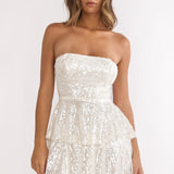 Provence Bloom Tiered Sequin Mini Dress White