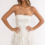 Provence Bloom Tiered Sequin Mini Dress White