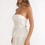 Provence Bloom Tiered Sequin Mini Dress White
