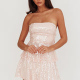 Provence Bloom Tiered Sequin Mini Dress Pink