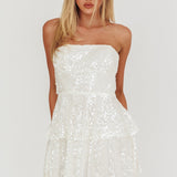 Provence Bloom Tiered Sequin Mini Dress White
