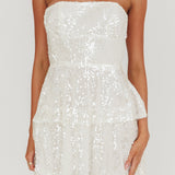 Provence Bloom Tiered Sequin Mini Dress White