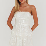 Provence Bloom Tiered Sequin Mini Dress White