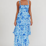 Provence Bloom Tiered Floral Maxi Dress Blue