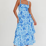 Provence Bloom Tiered Floral Maxi Dress Blue