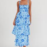 Provence Bloom Tiered Floral Maxi Dress Blue