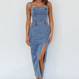 Onyx Thigh Split Midi Dress Denim