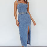 Onyx Thigh Split Midi Dress Denim
