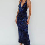 Byzantine Cowl Halterneck Midi Dress Floral Midnight Blue
