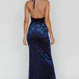 Byzantine Cowl Halterneck Midi Dress Floral Midnight Blue