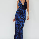 Byzantine Cowl Halterneck Midi Dress Floral Midnight Blue