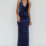 Byzantine Cowl Halterneck Midi Dress Floral Midnight Blue