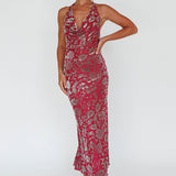 Byzantine Cowl Halterneck Midi Dress Floral Wine