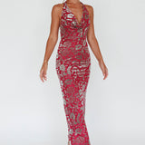 Byzantine Cowl Halterneck Midi Dress Floral Wine