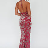 Byzantine Cowl Halterneck Midi Dress Floral Wine