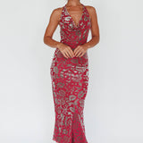 Byzantine Cowl Halterneck Midi Dress Floral Wine
