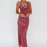 Byzantine Cowl Halterneck Midi Dress Floral Wine
