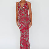 Byzantine Cowl Halterneck Midi Dress Floral Wine