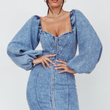 Tasmyn Balloon Sleeve Zipper Mini Dress Denim
