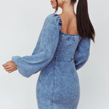 Tasmyn Balloon Sleeve Zipper Mini Dress Denim